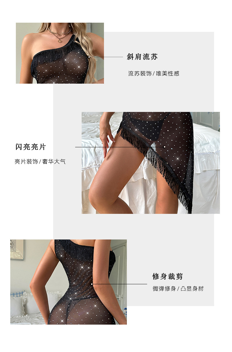 Feiyun Cross-border single-shoulder hot diamond mesh fabric seductive nightdress with irregular fringes and see-through, a sexy home wear for 736 pic 5