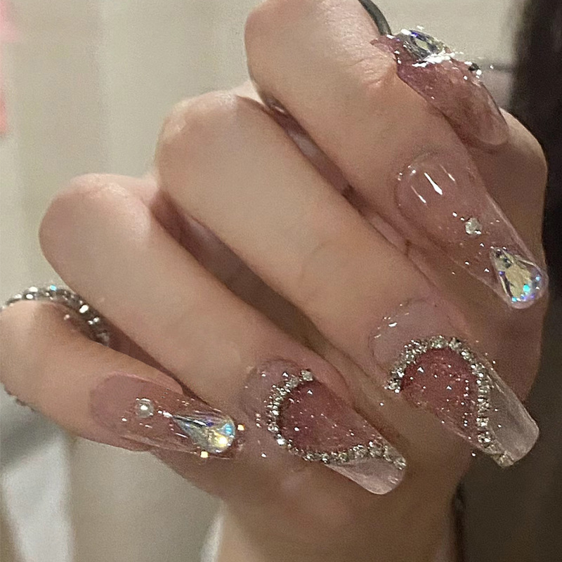 Wholesale of handcrafted wearable nails for Internet celebrities, medium and long heart-shaped diamond nail nail plates, nail patches, false nails, jelly glue pic 10