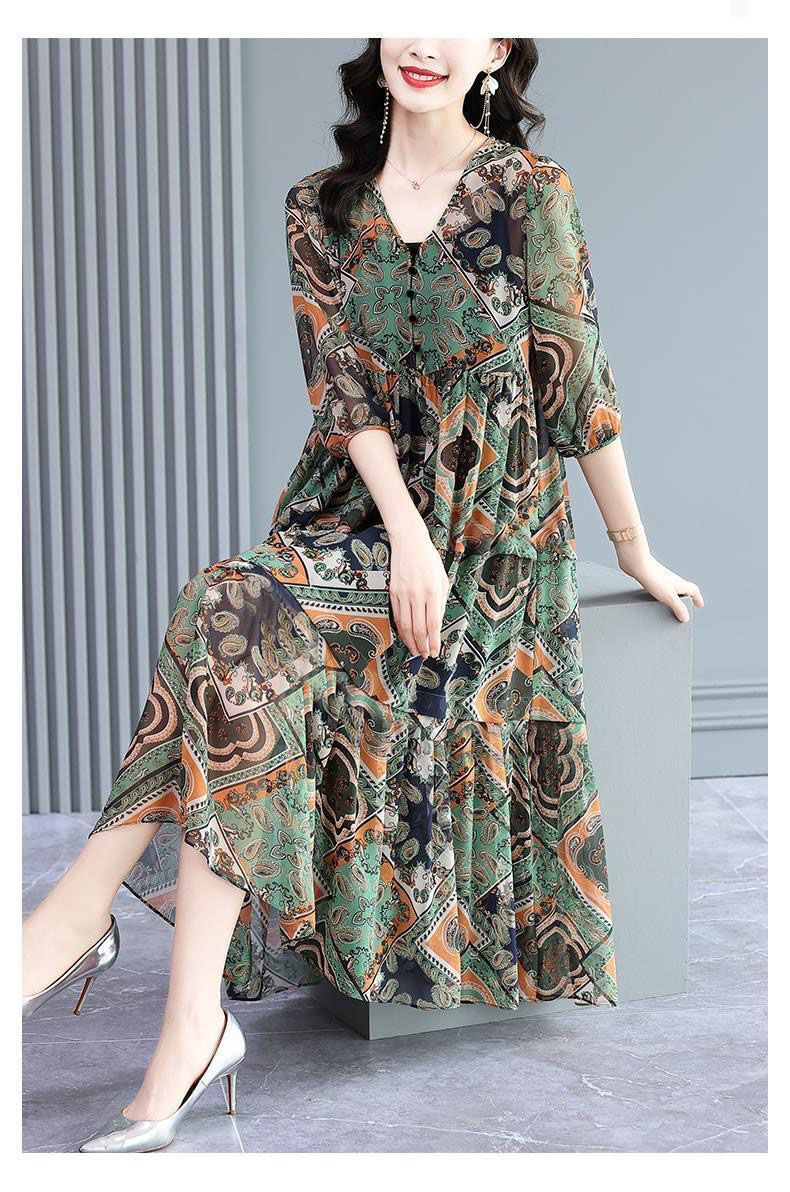 时尚气质中老年女装2023夏季新款大码宽松显瘦复古印花短袖连衣裙详情15