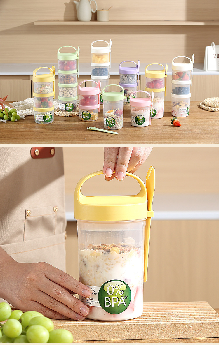 Creative double-layer circular sealed food storage box, breakfast fruit takeout microwave plastic lunch box with tableware storage box pic 12