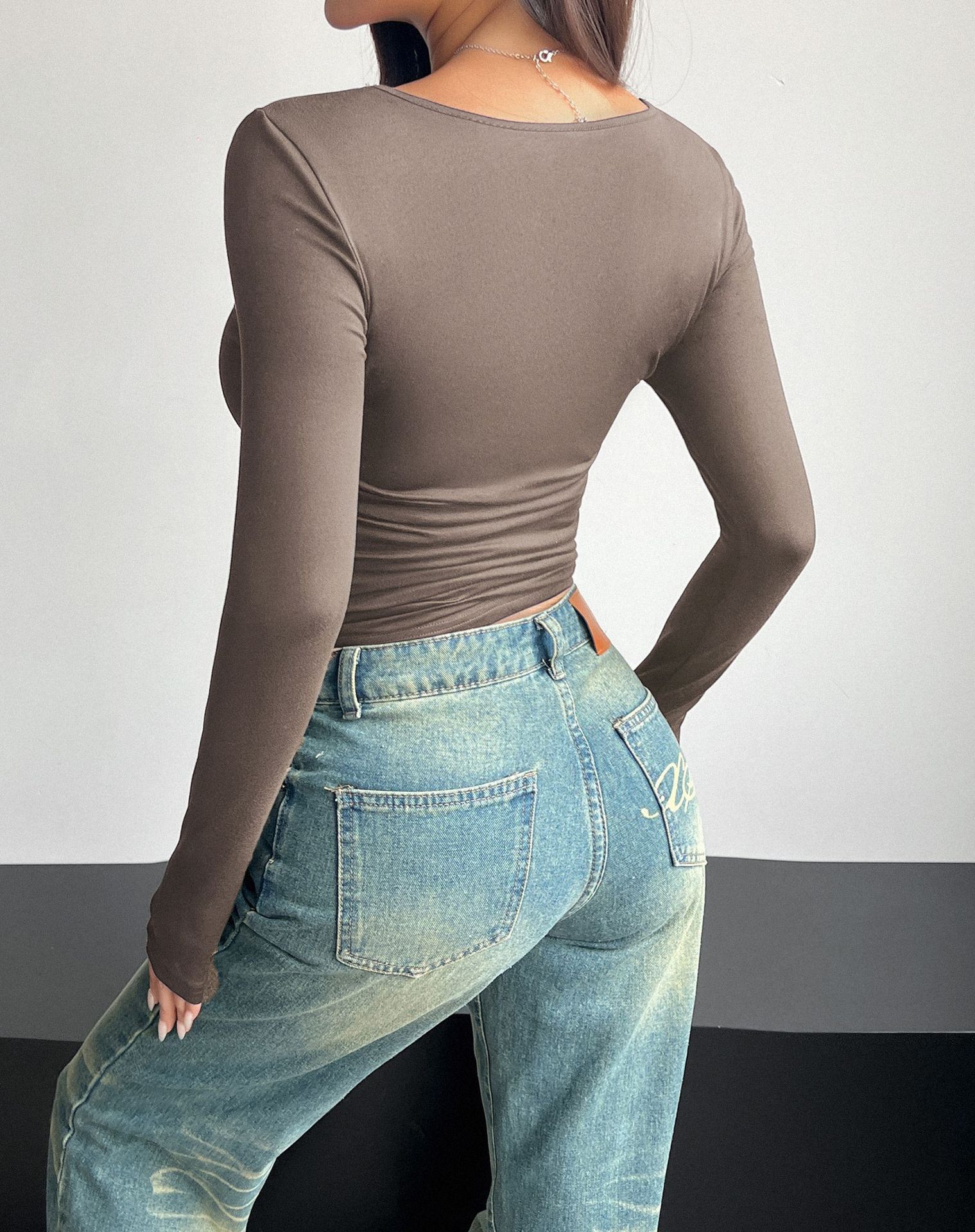 Diyun Cross-border European and American 2024 Spring/Summer Y2K new square-neck long-sleeved pullovers tight casual fashion top for women pic 58