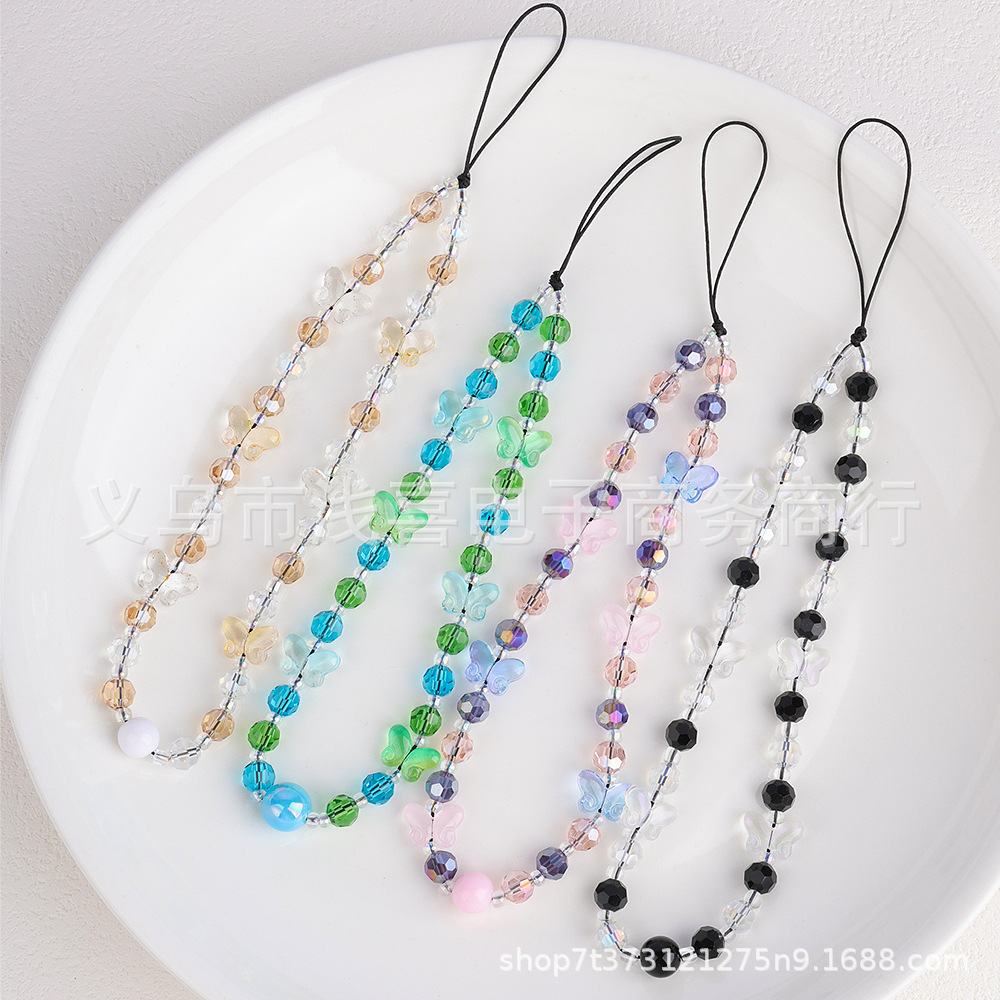 Hepburn style butterfly crystal mobile phone chain short lanyard, ins colorful round bead lanyard, ccd camera wrist pendant decoration pic 1