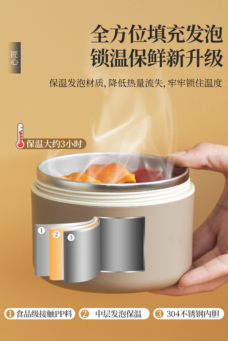 Cross-border best-selling 304 stainless steel insulated lunch box, round student portable lunch box, microwave-safe double-layer bento box pic 5