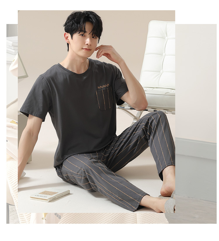 Summer pure cotton pajamas for men, cartoon casual short-sleeved shirts and long pants, pure cotton comfortable home wear, summer youth student set pic 52