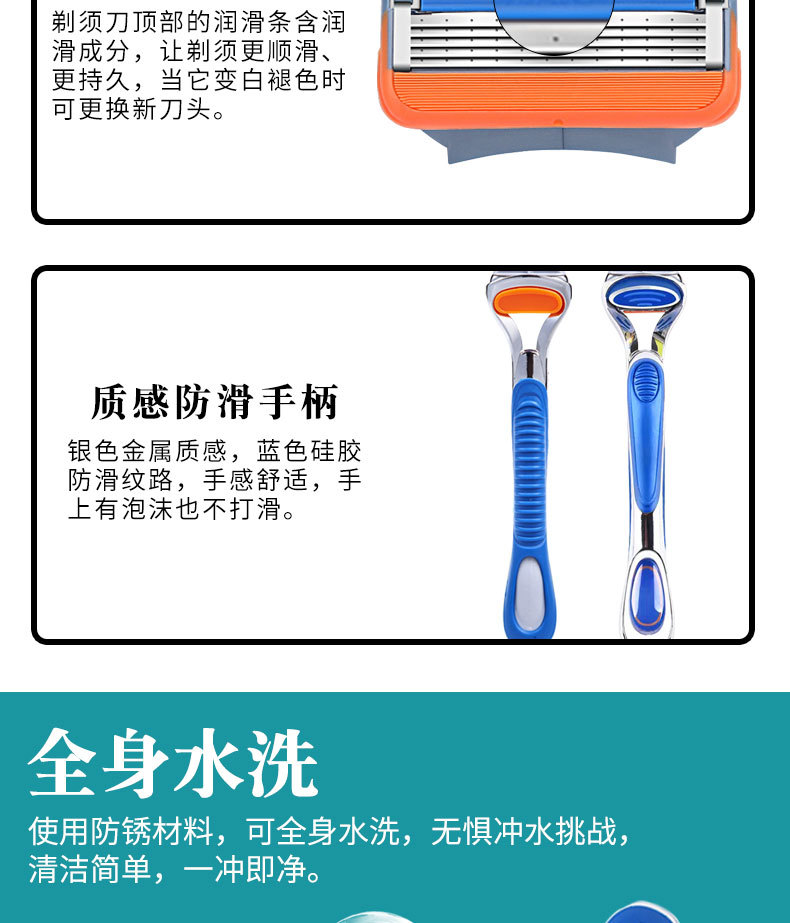 德国品质剃须刀手动五层刀片男士刮胡刀刀头通用吉利5层刀架手柄详情5