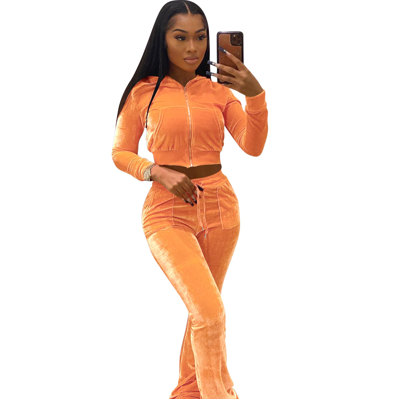 Solid color gold velvet wide-leg pants two-piece set pic 181