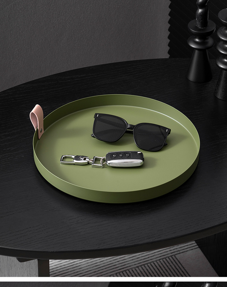 ins风圆形收纳托盘皮革提手金属圆盘杂物收纳浴室置物盘铁艺托盘详情15
