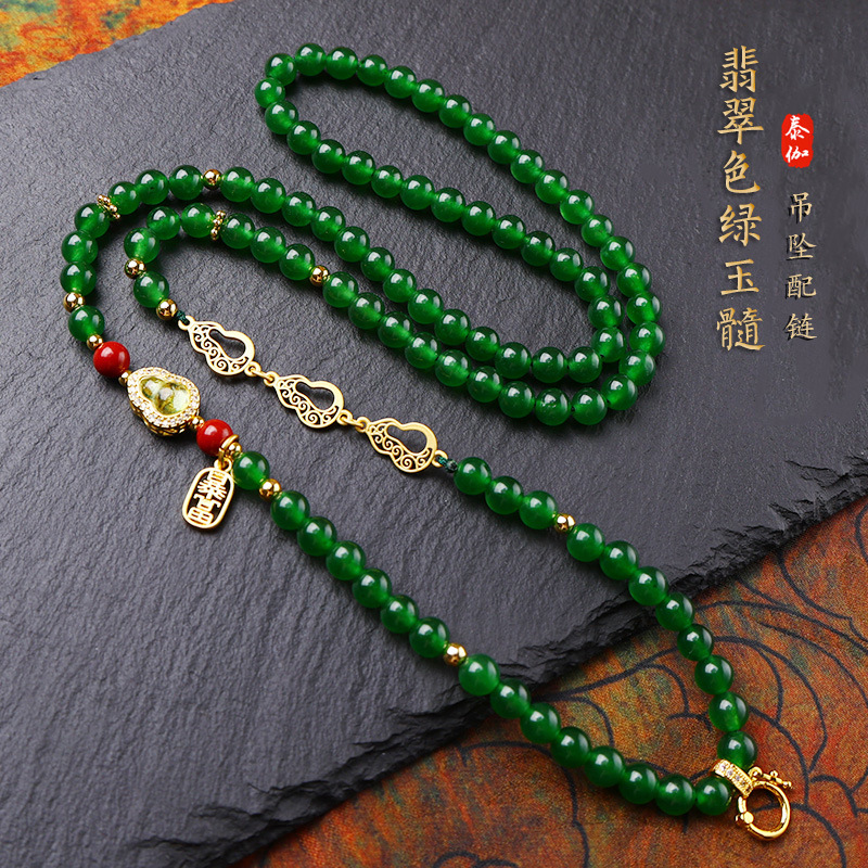新中式原创设计泰国佛牌链子翡翠绿玉髓圆珠配链项链唐卡风格首饰详情1