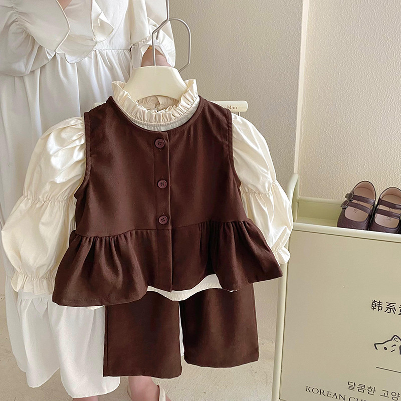 女童2025春秋季新款可爱时尚三件套打底衫单排扣上衣长裤套装外贸详情2