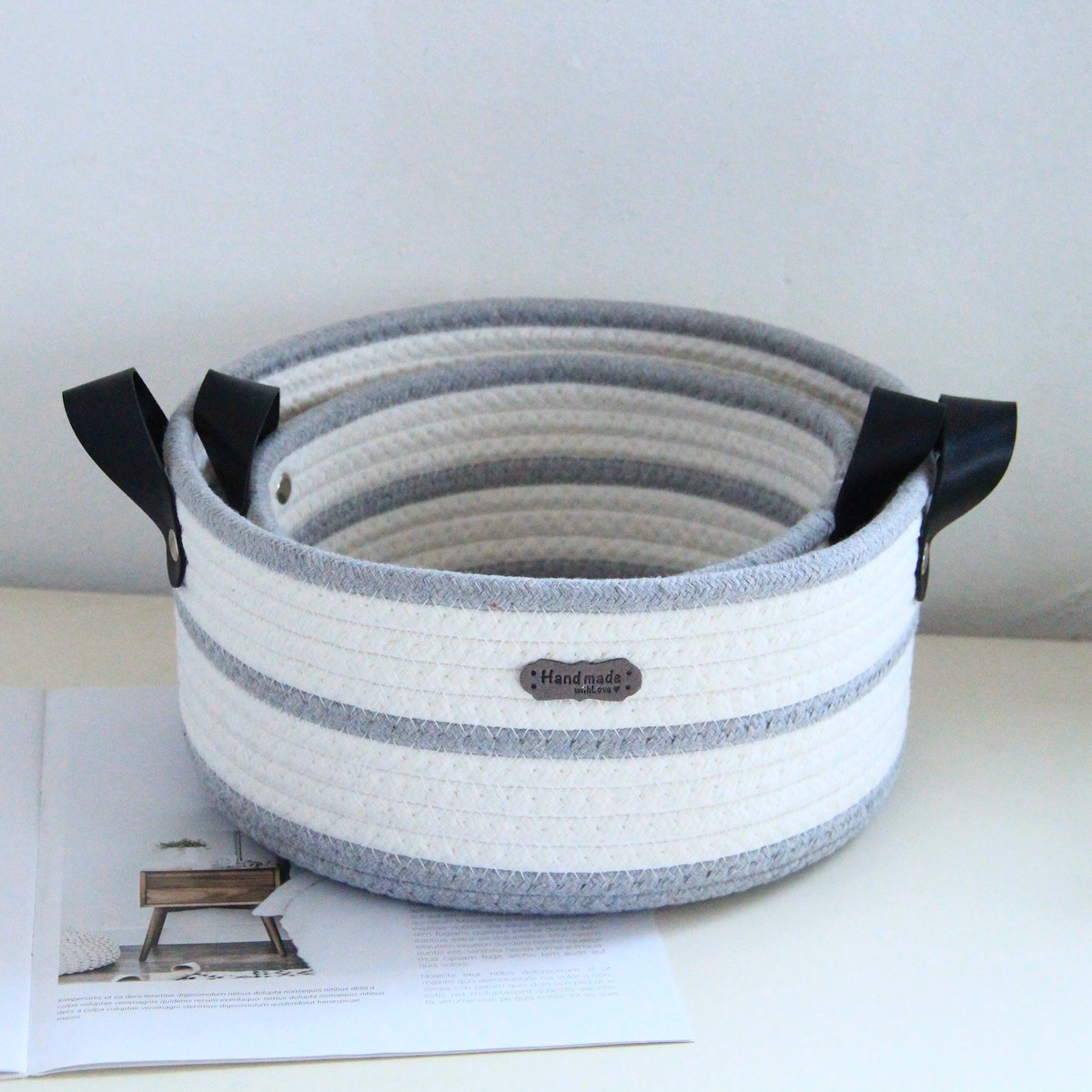 Round cotton rope woven storage basket with leather handle, InS-style desktop storage basket, cosmetics and toys storage box, Nordic style pic 30