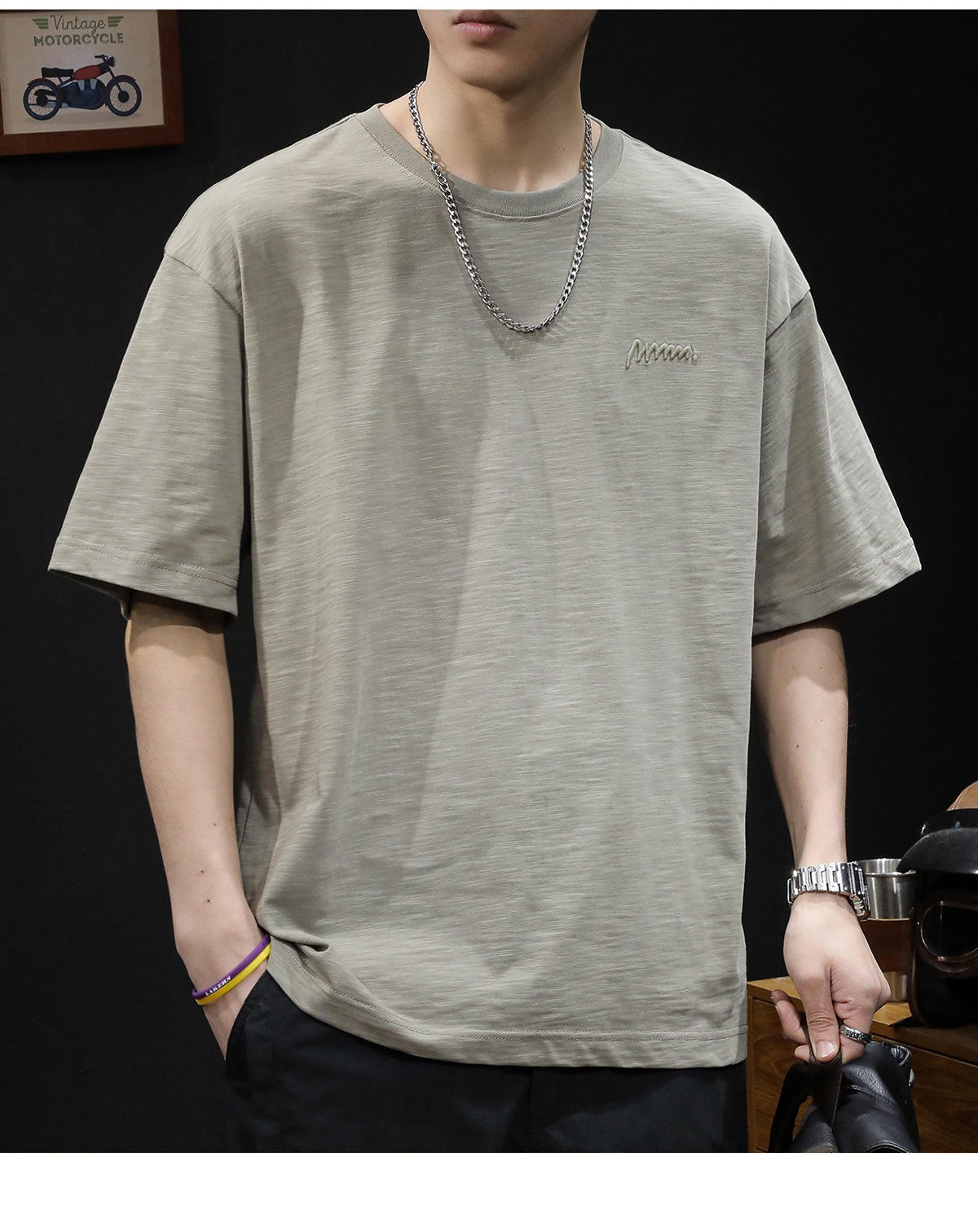 竹节纯棉短袖t恤男士夏季衣服2025新款半袖大码潮牌刺绣休闲体恤详情14