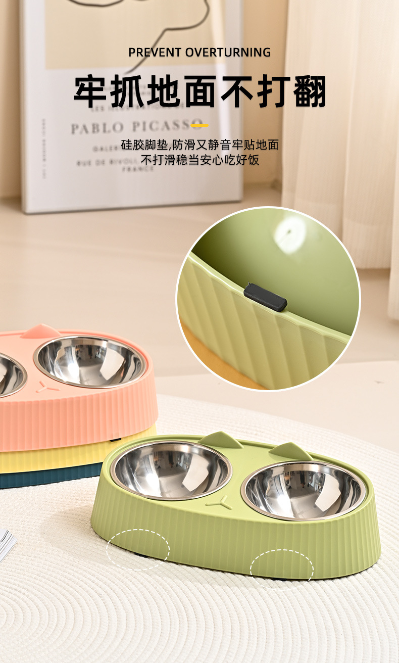 Pet stainless steel double-bowl dog food set, large-capacity dog bowl, anti-slip and anti-knock cat bowl, cervical spine protection pet supplies pic 7