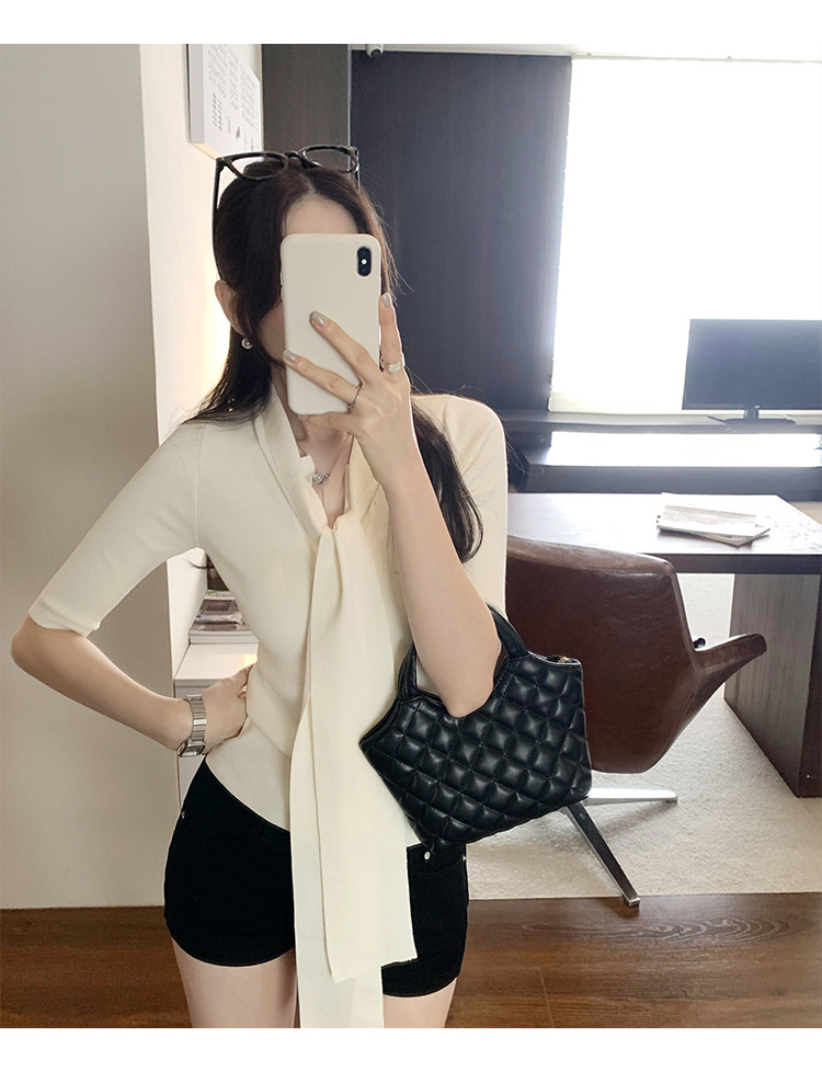 法式别致辣妹V领系带修身短袖针织衫女春夏2025新款气质显瘦上衣详情22