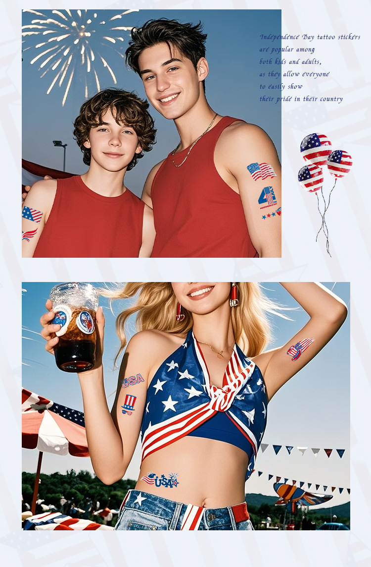 跨境新款现货烫银美国独立日纹身贴国旗脸贴派对节日礼品纹身贴纸详情8