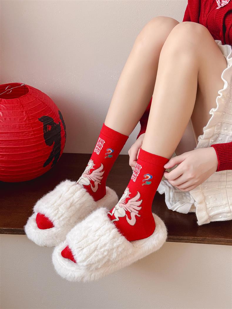 国潮马年中国风红袜子本命年中筒红色古风福马礼物吸汗动漫卡通薄款详情30