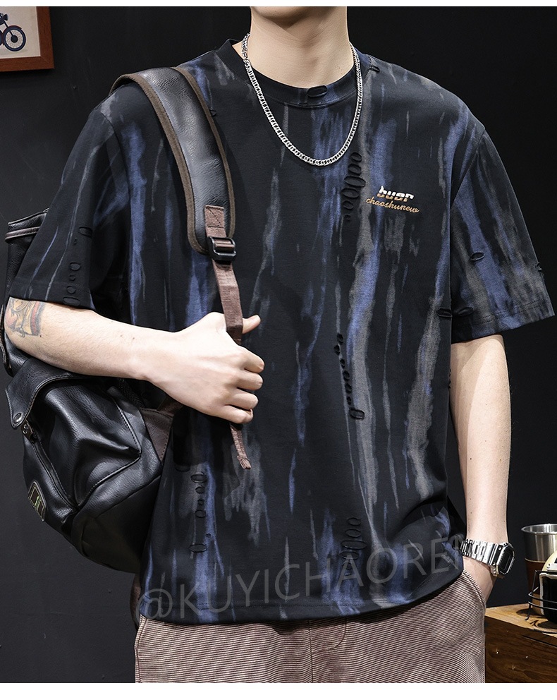 提花漏洞潮牌短袖t恤男士夏季2025新款大码高端衣服美式复古体恤详情12
