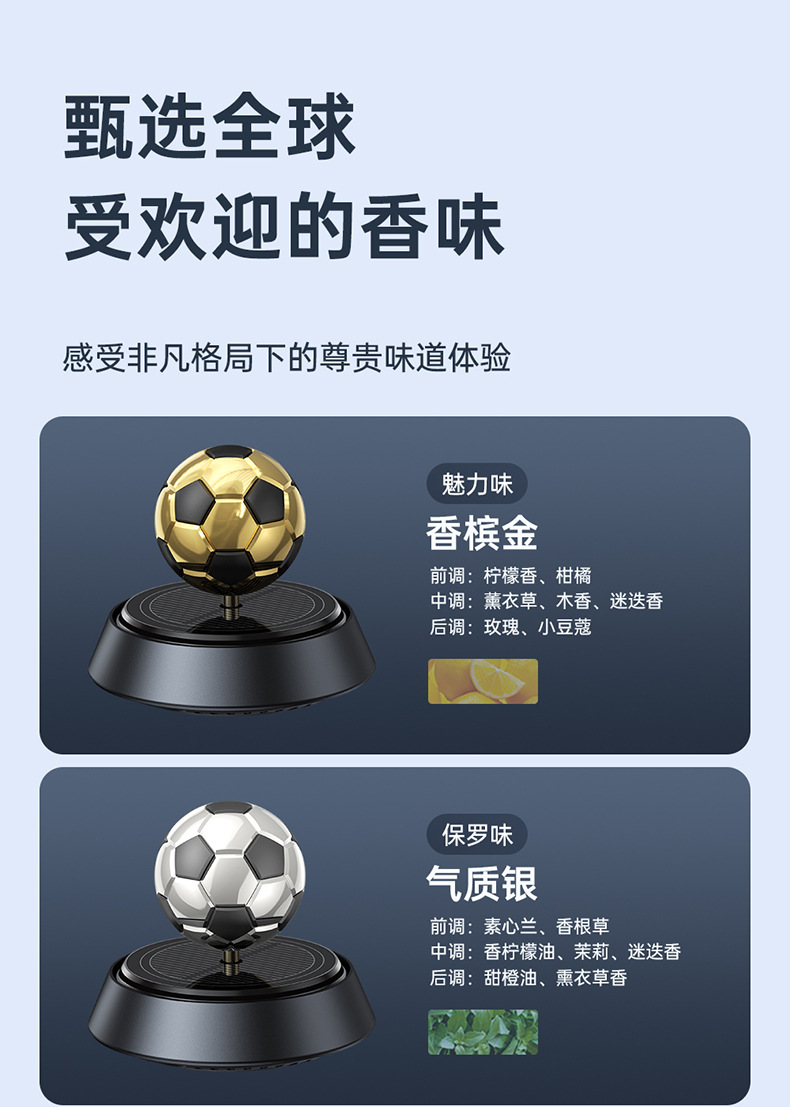 Car aroma diffuser, solar automatic rotation, car decoration, black technology, football ornament, creative center console, perfume man pic 7