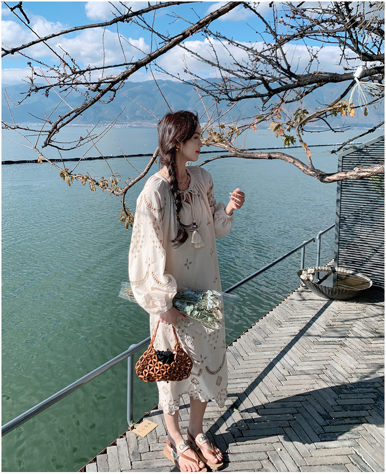 Real photo of a retro, gentle, cut-out embroidered V-neck apricot-colored dress, 2025 new seaside vacation style long-sleeved umbrella dress pic 12