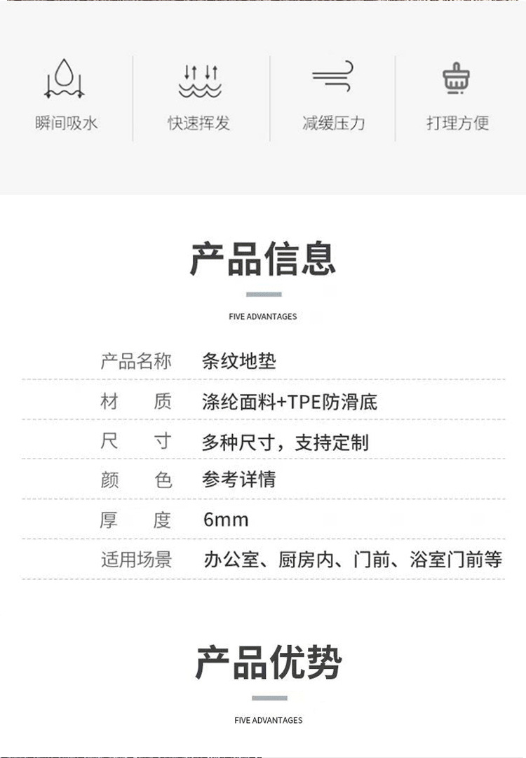七条纹地毯家用厨房浴室商用大面积入户门垫酒店走廊楼梯脚垫防滑详情2