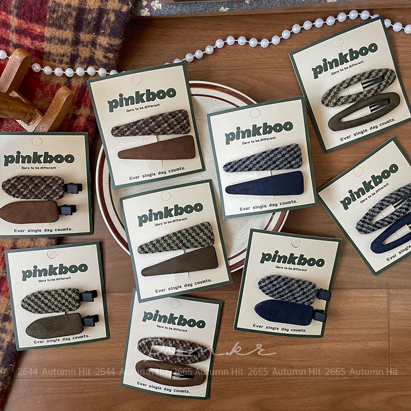 韩系简约毛呢发夹复古格纹侧边夹 日常通勤氛围感发夹秋冬气质pinkboo 复古格纹呢料发夹：棕蓝调简约款 通勤百搭秋冬质详情4