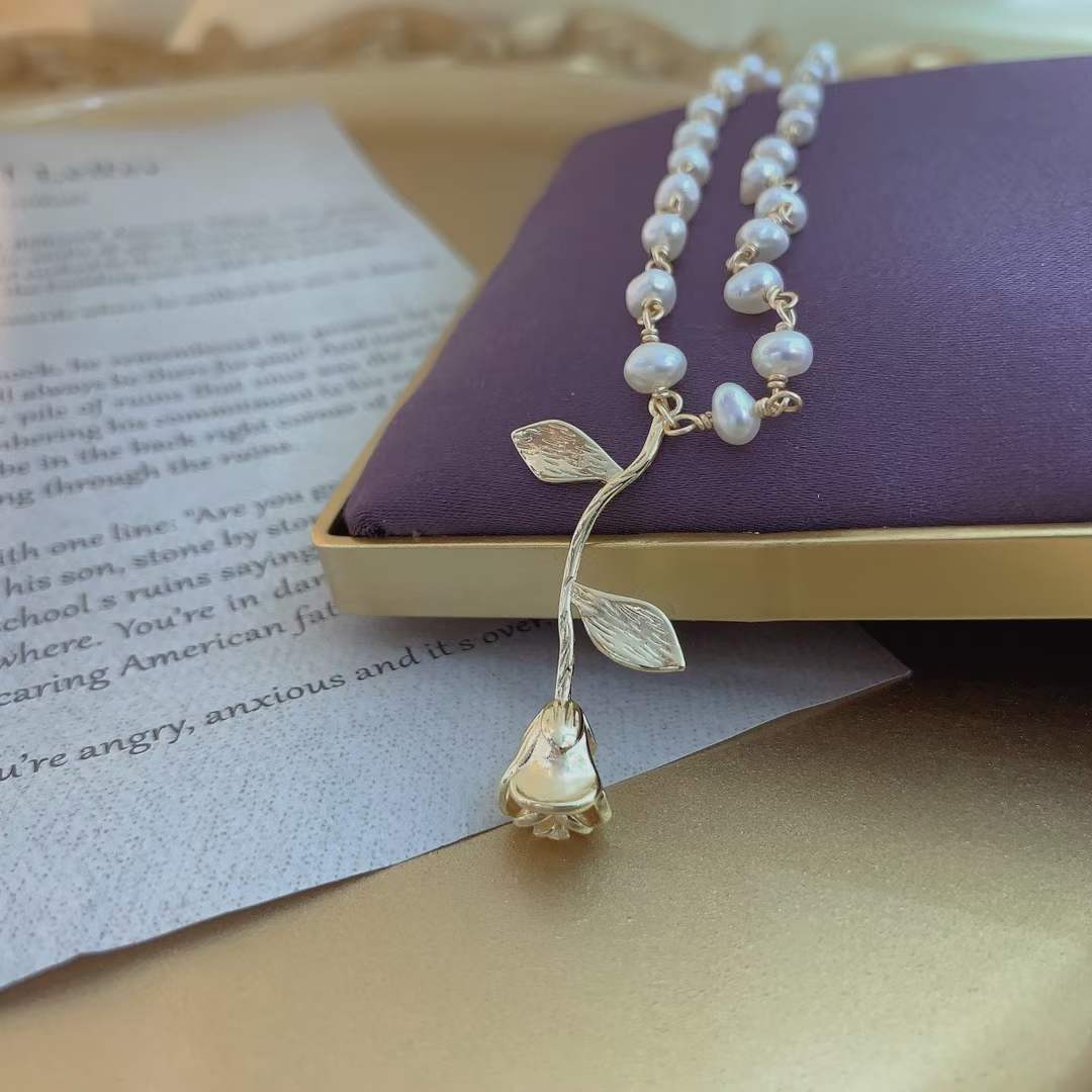 气质设计感玫瑰花珍珠项链铜镀真金清新温婉百搭款详情5