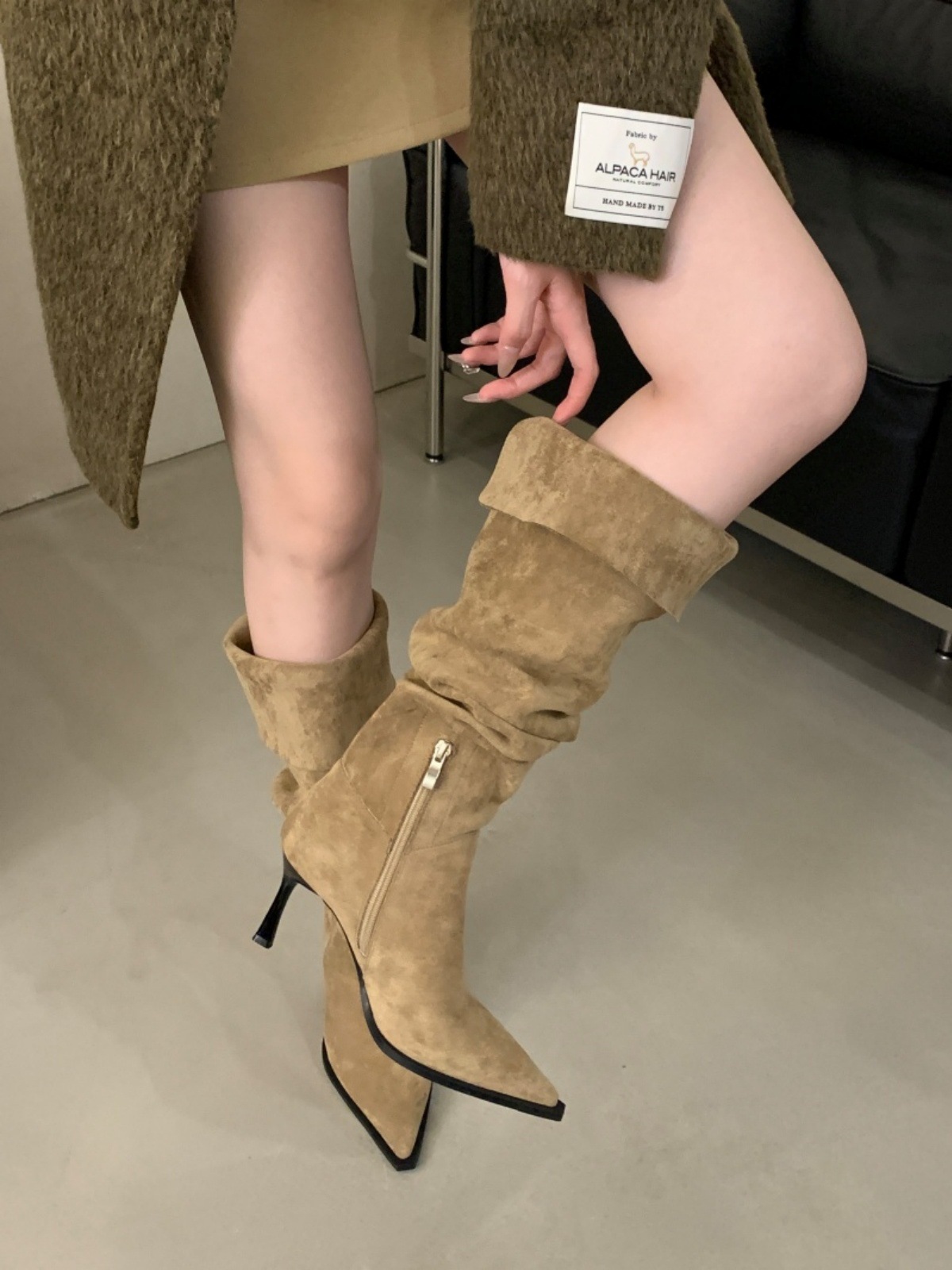 法式一靴多穿高细跟尖头堆堆过膝靴女春秋款侧拉链复古瘦瘦过膝靴详情19