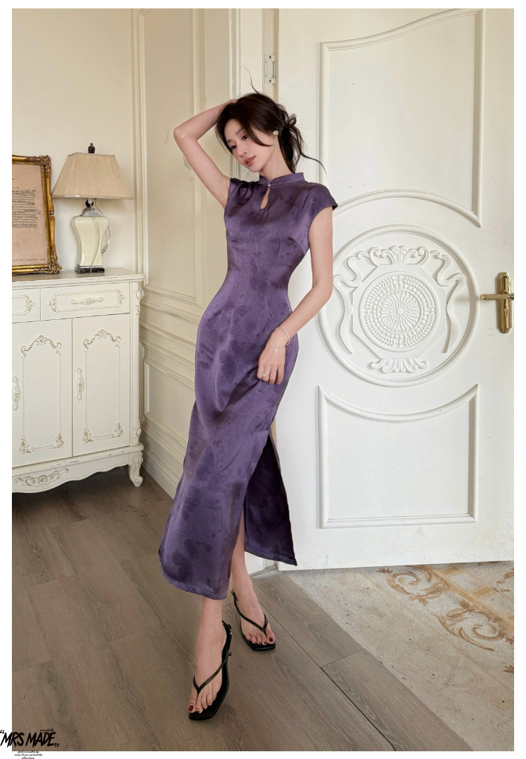 紫色缎面改良旗袍女2025春夏绝美新中式蝴蝶连衣裙详情6