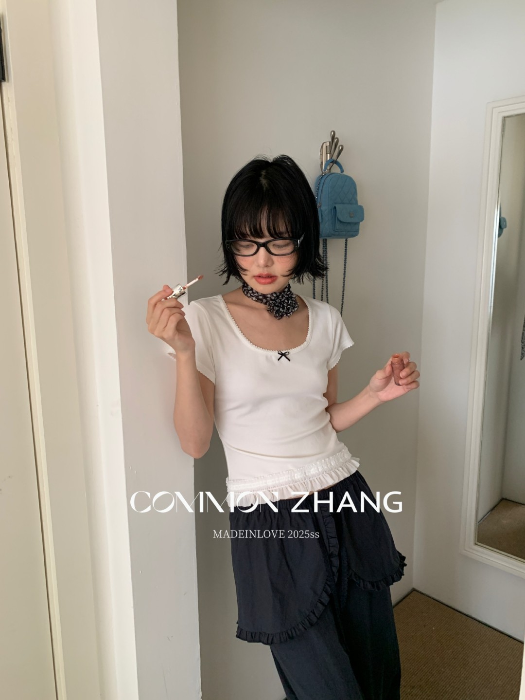 CZ ZHANG夏季韩版少女感减龄蝴蝶结拼接U领纯色天丝短袖T恤B20757详情18