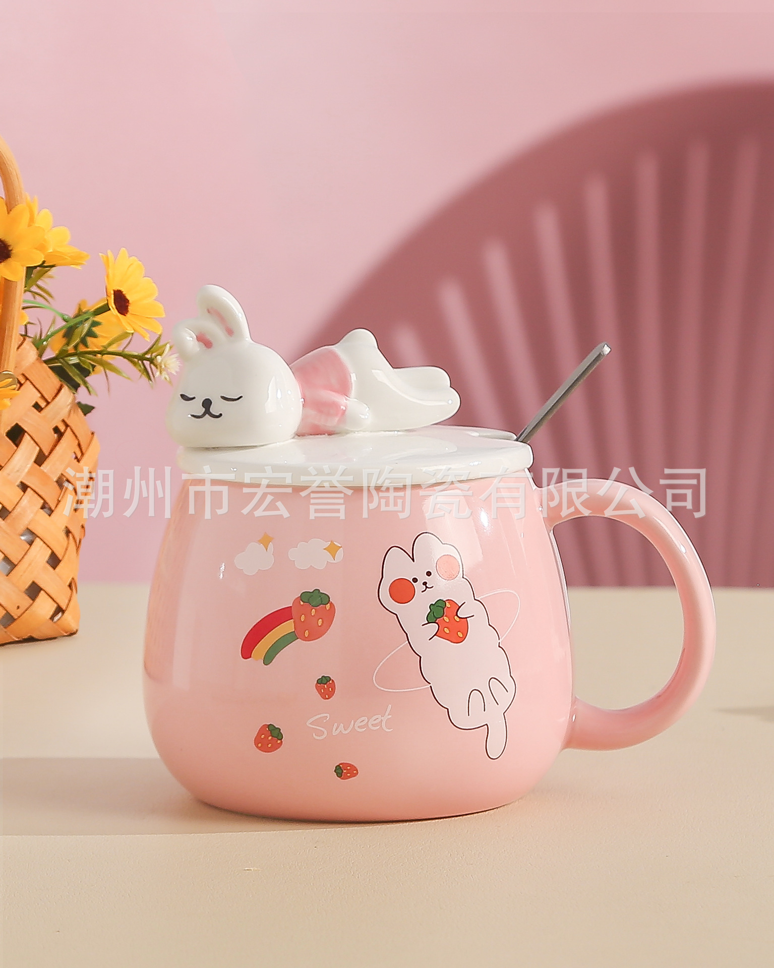 Cute rabbit cups, ceramic cups, high appearance level, couple mugs, creative embossed coffee cups with LIDS, milk cups pic 6