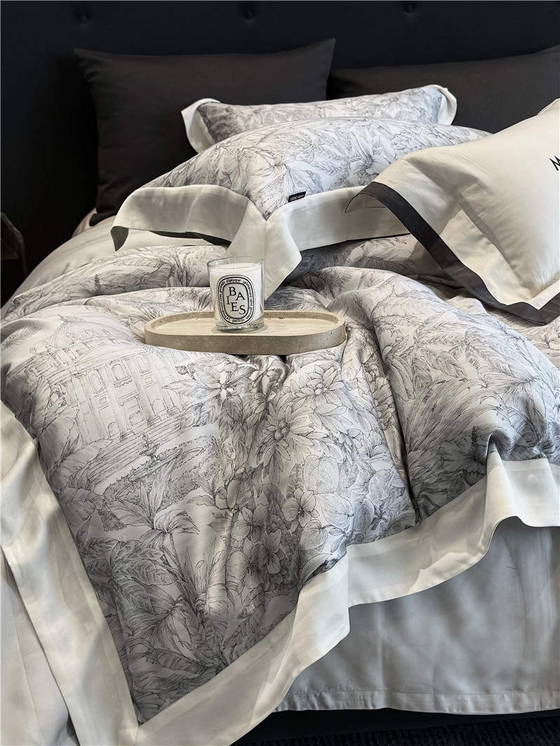 Cool ultra-fine denier Tencel summer light and cool condensation filament four-piece set, elegant printed sweat-absorbing nude bedding pic 54
