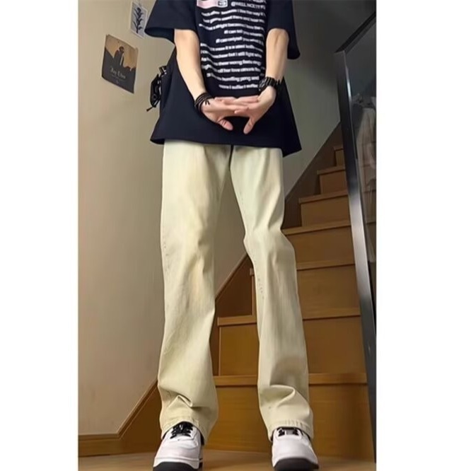 美式复古裤子高街水洗黄泥色牛仔裤男女款夏季高腰直筒修身微喇裤详情6