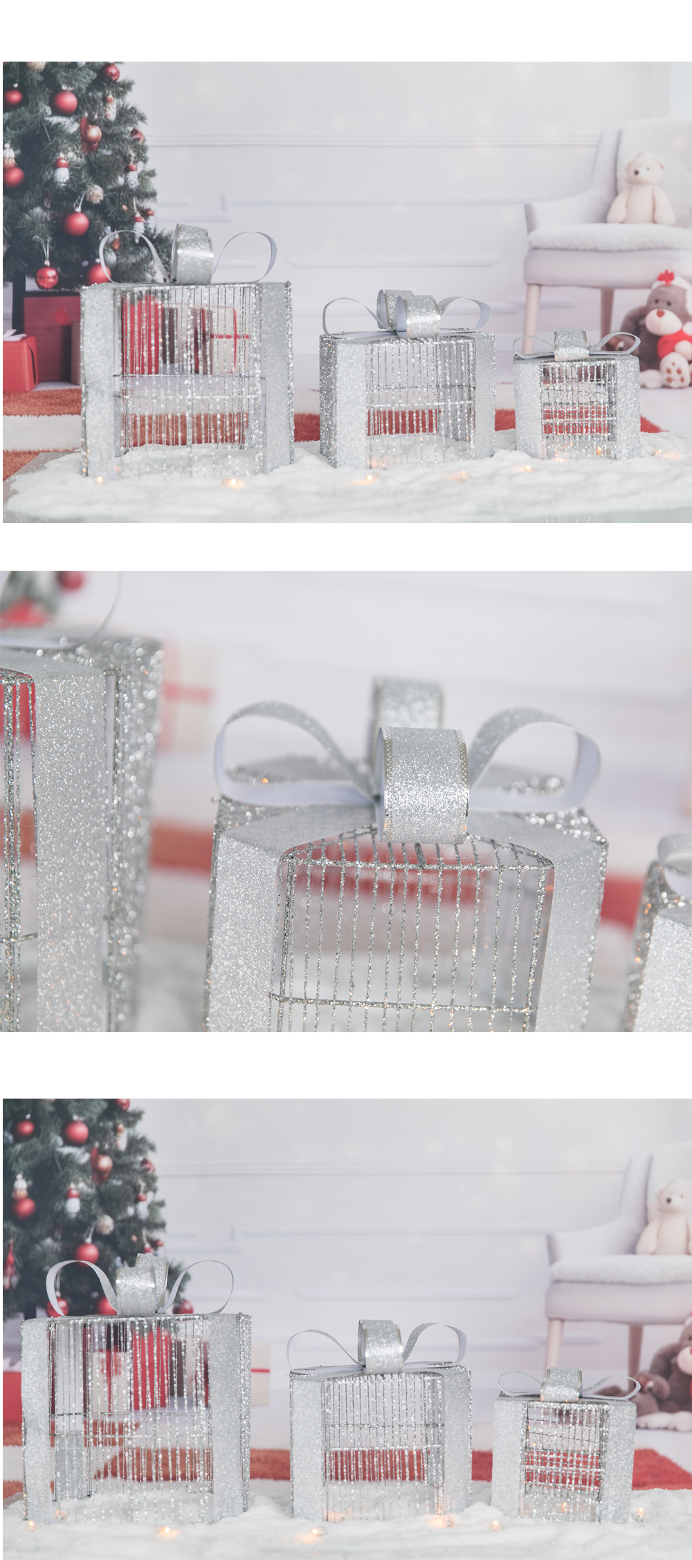 Christmas gift box three-piece set, ironwork luminous strip light led Christmas tree ornament, decorative items, gift box pic 3
