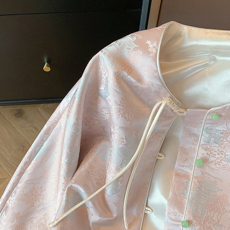 新中式盘扣提花缎面外套2024春季新款复古圆领设计感唐装旗袍上衣详情4