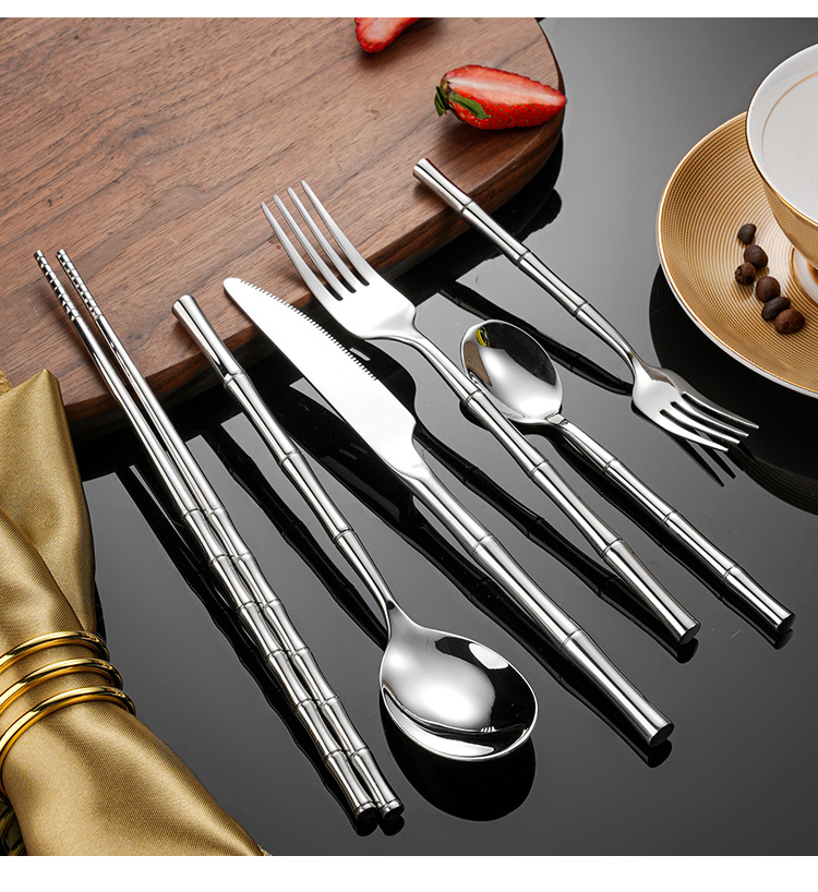 304不锈钢创意高档礼品酒店精品竹节西餐具牛排刀餐叉甜品勺筷子详情14