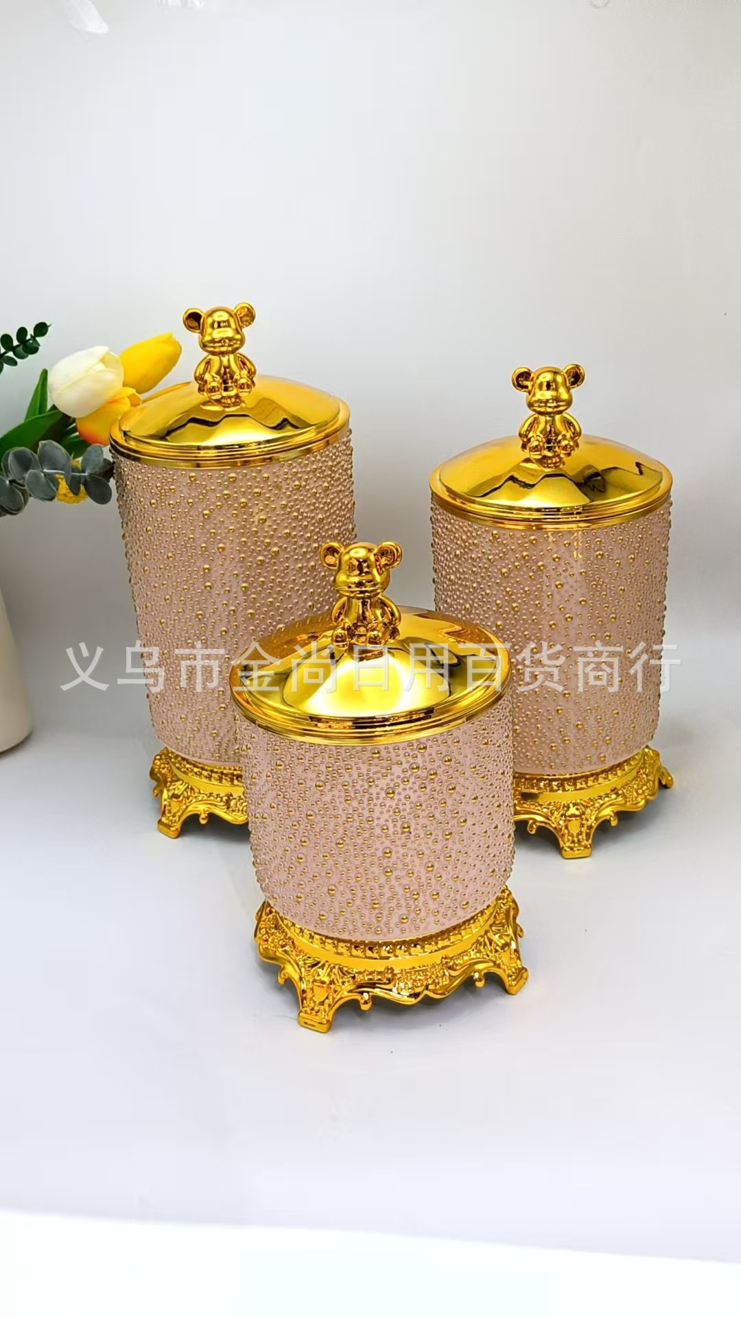 Plastic bear lid, round rice beads, gold edge, round stand, storage tank, kitchen rice storage tank with color box pic 2