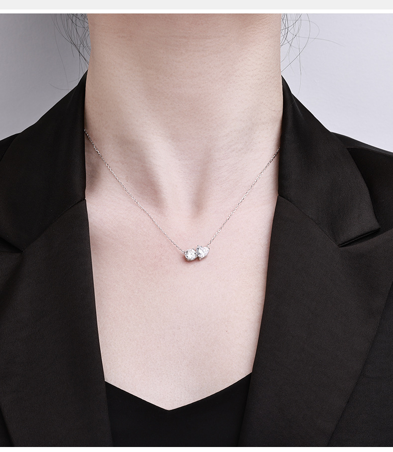 Wholesale of the new Korean version S925 sterling silver necklace for women with double heart Moissan-inlaid exquisite and personalized design pic 4