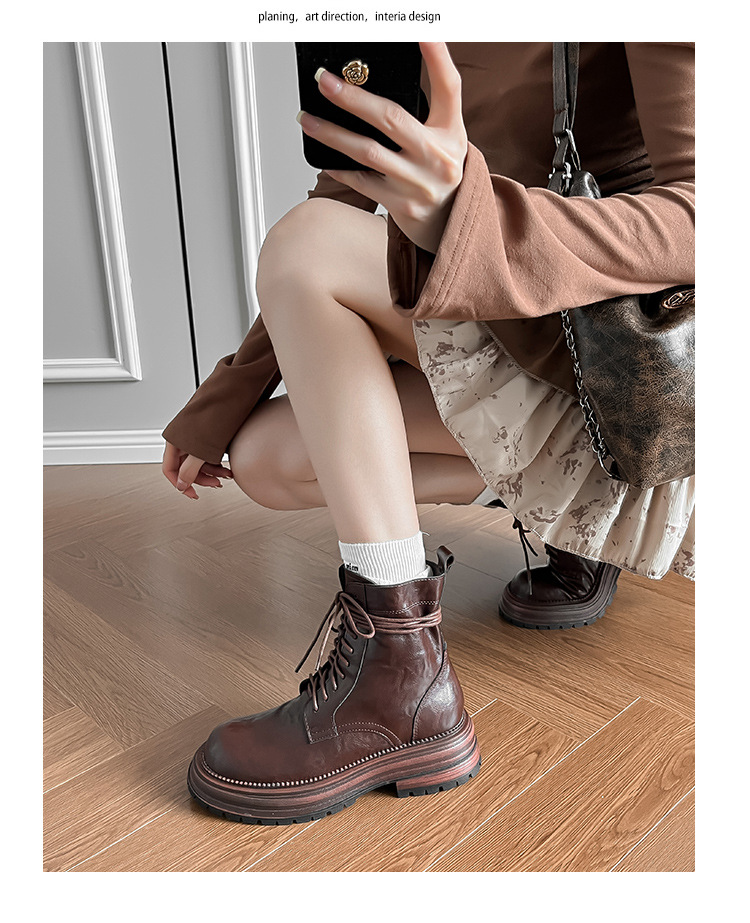 英伦复古系带厚底马丁靴秋冬季单靴精致手抓纹粗跟短靴女机车靴子详情30