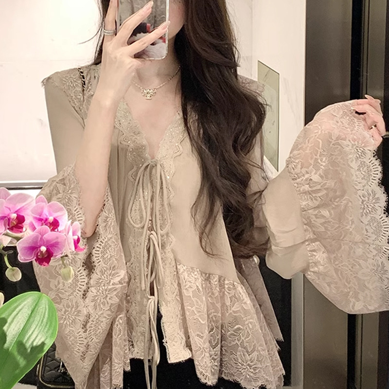 新中式【少女双调】2025新款春装气质雪纺衫小衫长袖蕾丝衬衫女百搭上衣详情5