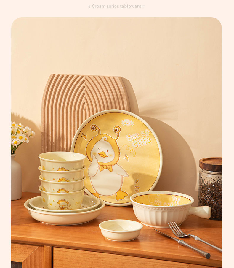 Cute duck cartoon ceramic bowls, plates and tableware on Instagram, high appearance level, cream style double-ear soup bowls, noodle bowls, vegetable plates and tableware pic 5