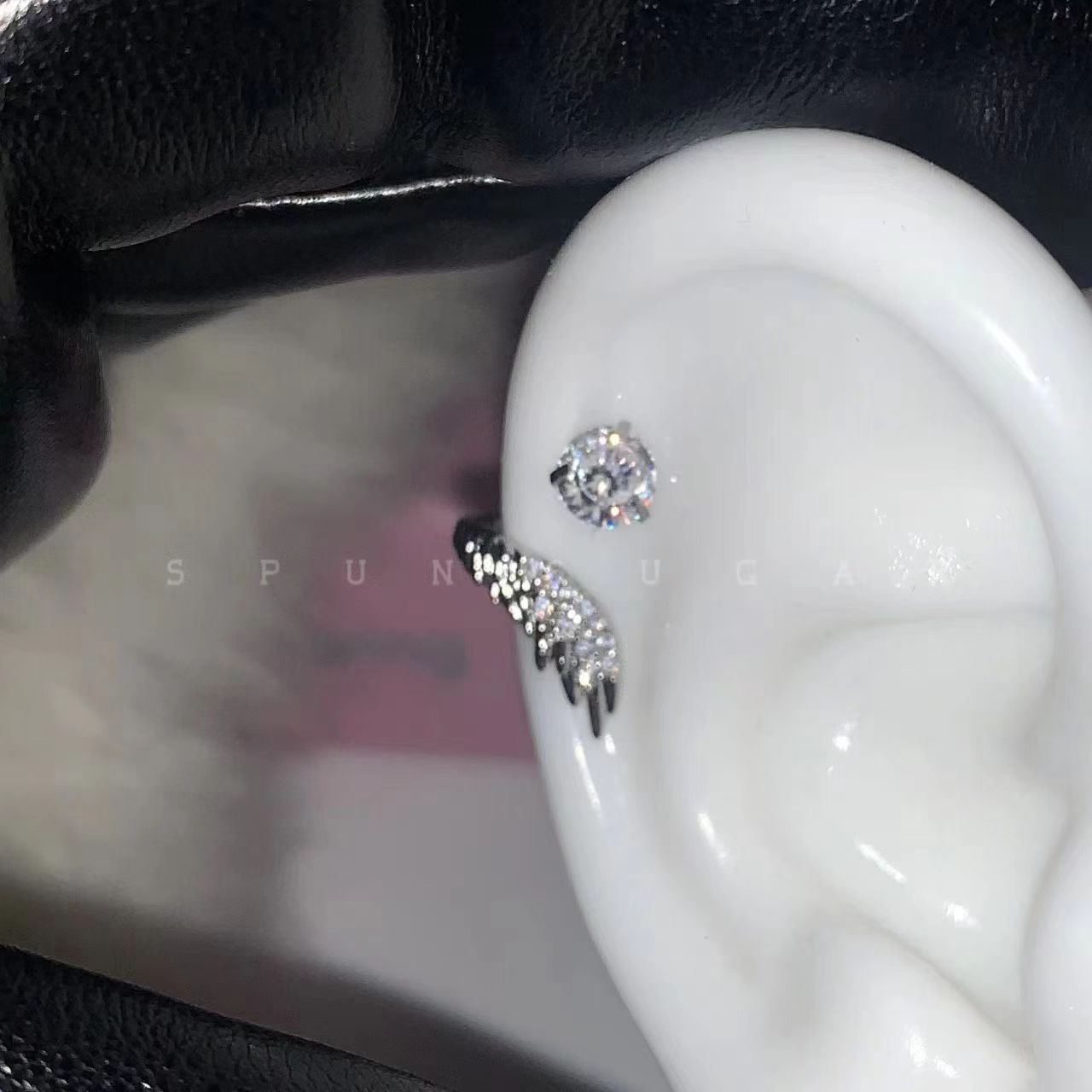 Stunning angel wing ear bone stud titanium steel versatile, unique and niche angel wing entwined sparkling diamond ear stud earrings for women pic 3