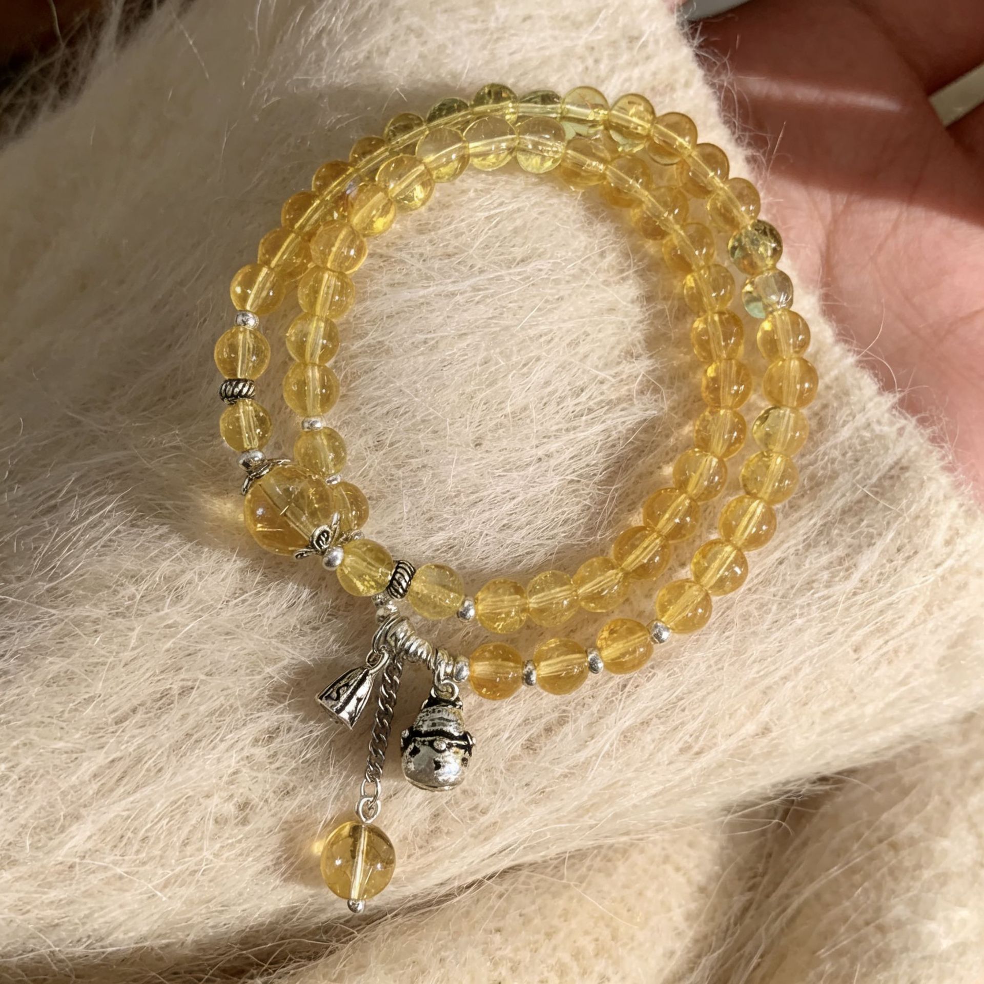 S925 sterling silver yellow crystal retro Maneki Neko double-loop bracelet for women, an Instagram niche design for attracting wealth pic 4