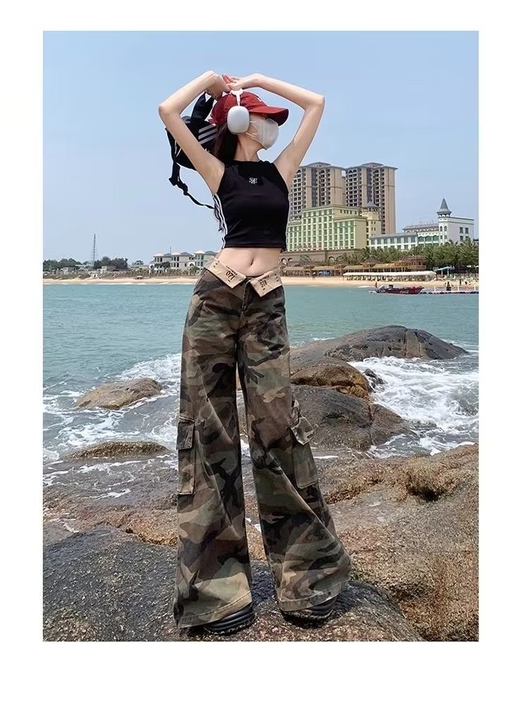 美式复古迷彩工装裤女2024夏季新款低腰高个子宽松垂感阔腿牛仔裤详情5