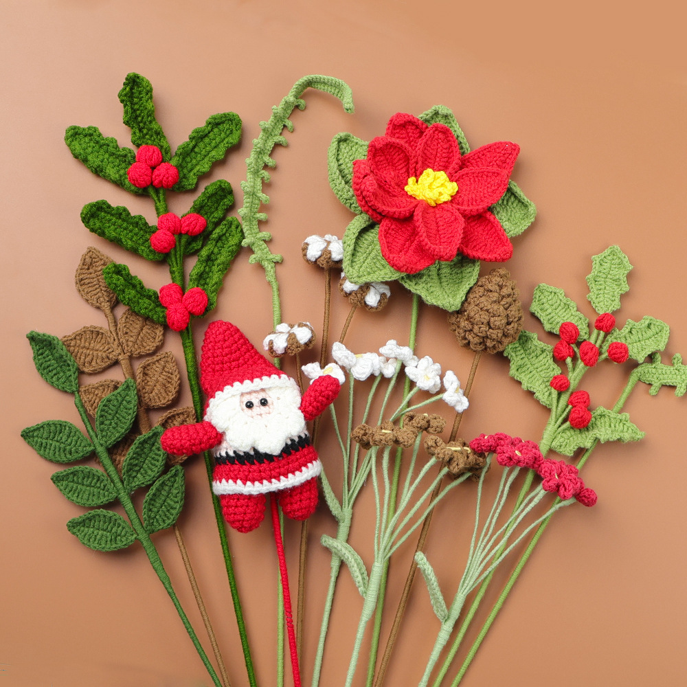 创意毛线花圣诞老人花枝棉花榛子装饰配件批发手工跨境成品圣诞节礼品饰品详情1