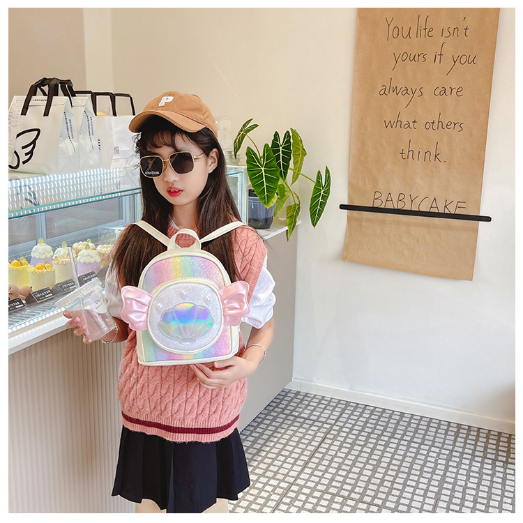 Rainbow gradient sequin backpack, pearl shell pattern, pink bow, outdoor hiking canvas schoolbag, lightweight and durable pic 34