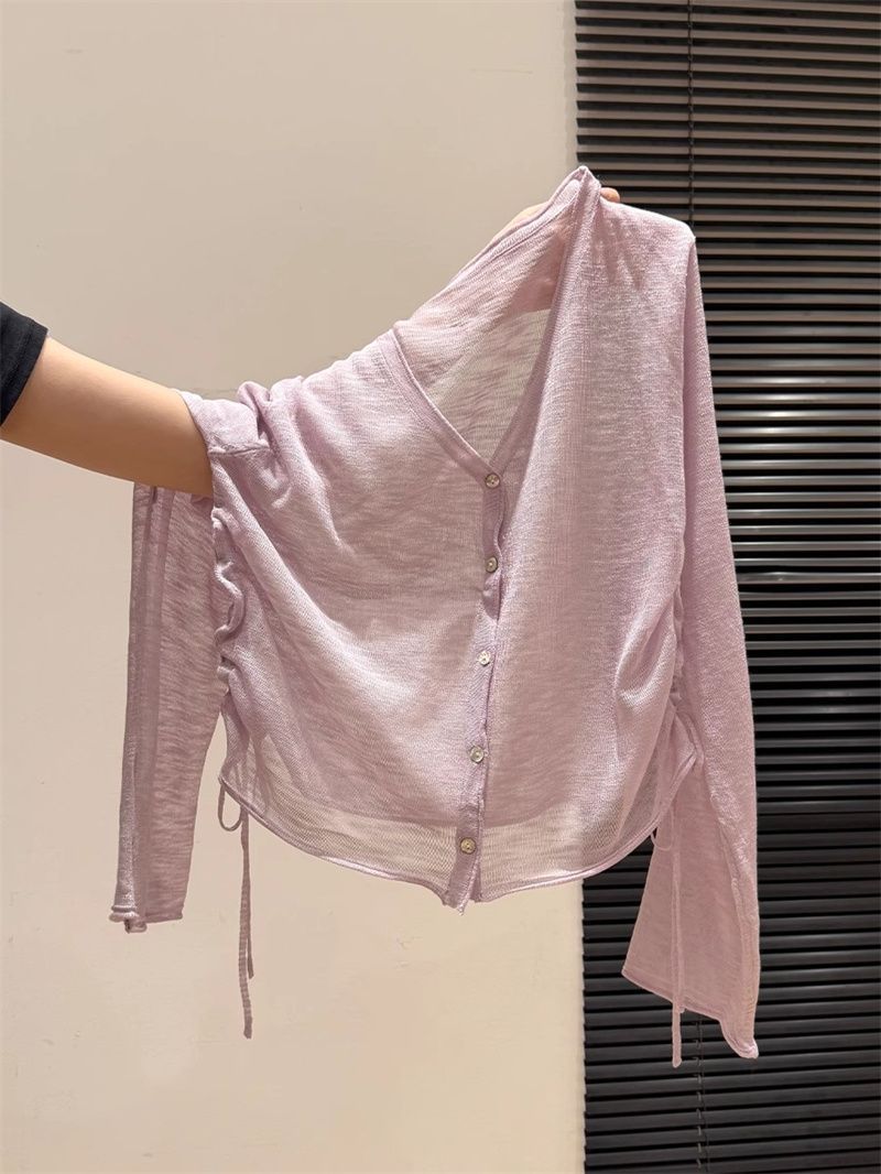 奥特莱斯~大牌余单V领防晒针织长袖开衫女潮夏季新款抽绳薄款上衣详情6