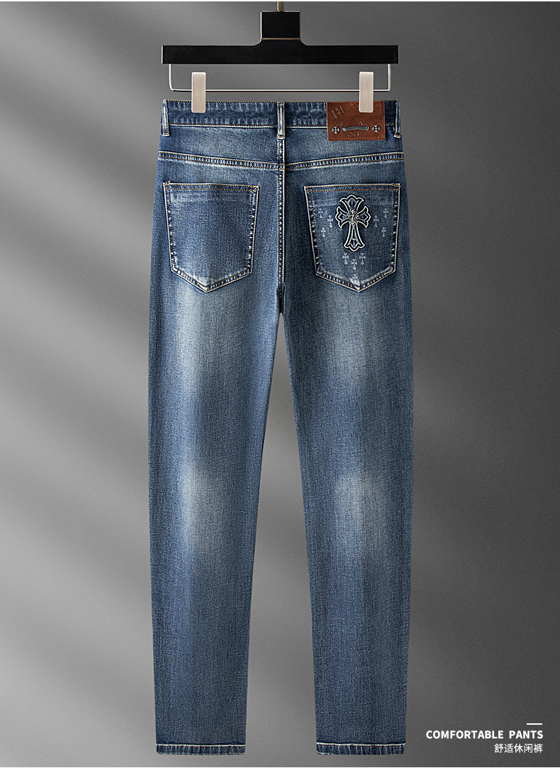 潮牌薄款复古蓝牛仔裤男士夏季高级感潮流修身直筒弹力休闲长裤男详情7