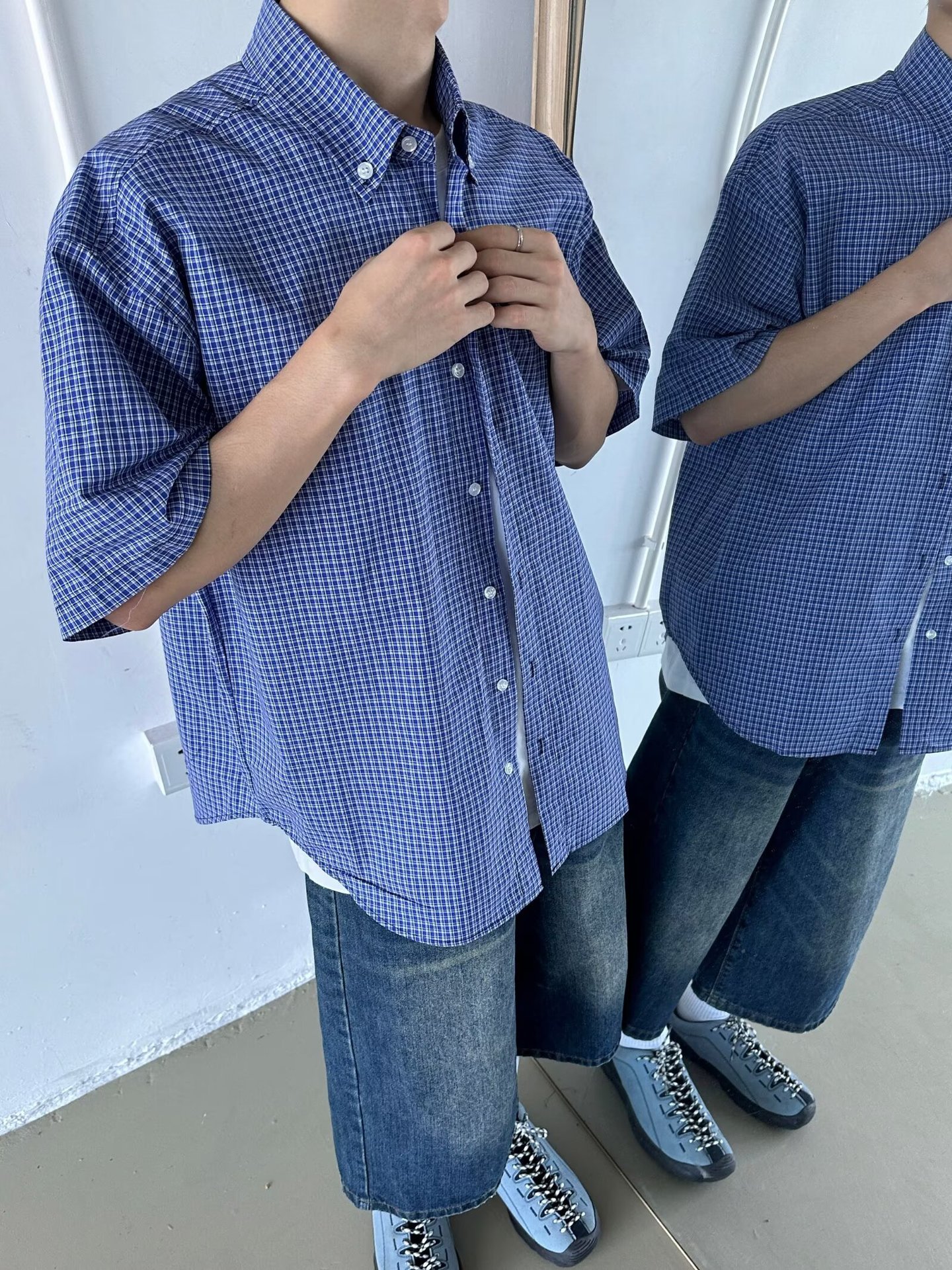 cleanfit blue checkered shirt for men, short-sleeved summer five-quarter sleeve shirt, a trendy brand with a high-end look pic 13