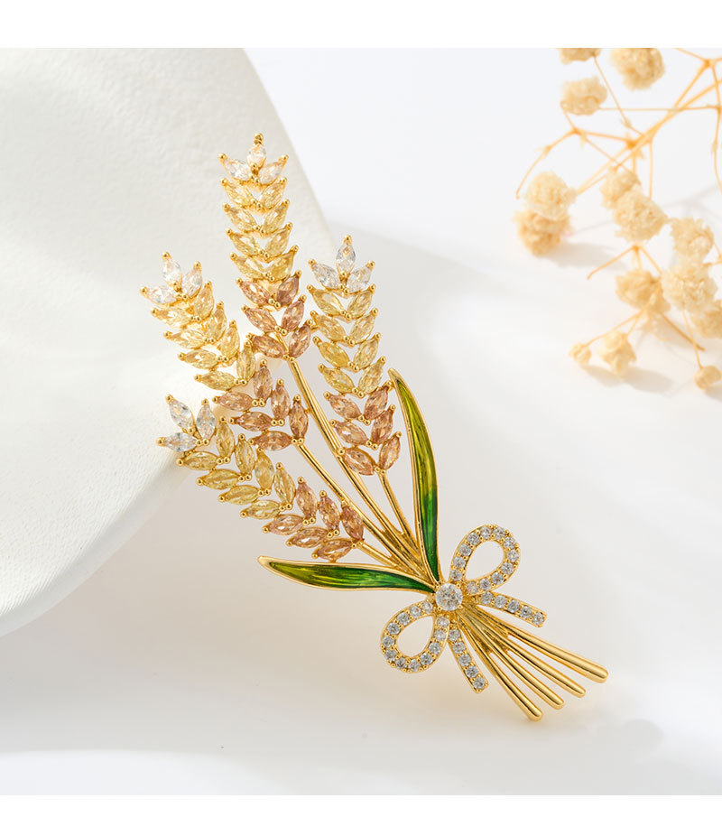 Original design, high-end sense, wheat ear brooch, copper alloy, real gold electroplating, micro-inlaid with zirconium oil, exquisite brooch and clothing pic 20