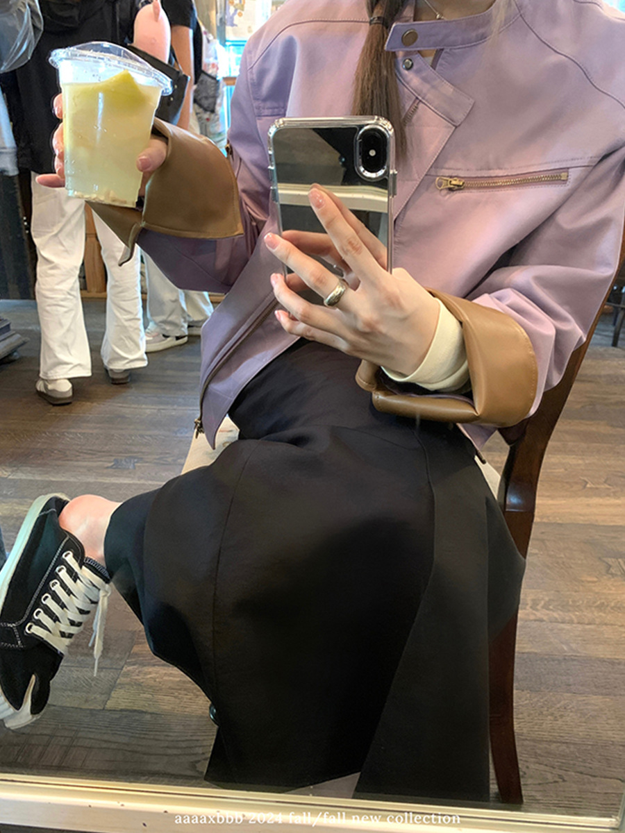 aaaaxbb 希尔维斯画刊 皮拼接棕紫两色初秋外套短款宽松长袖上衣详情9