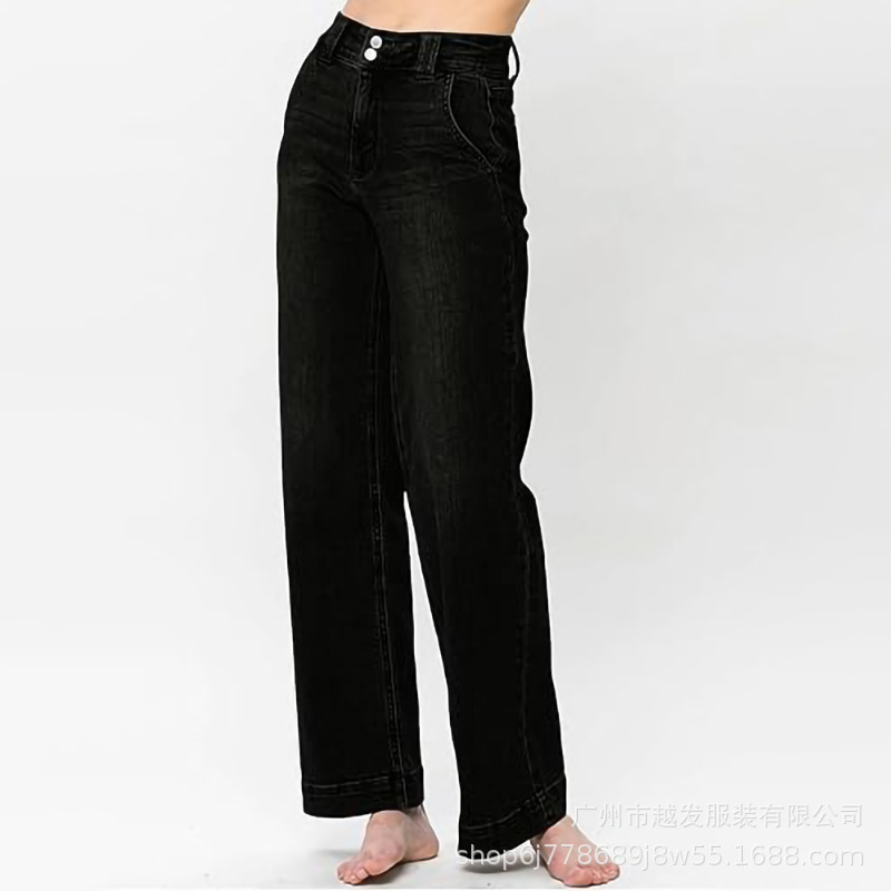 欧美跨境外贸新款亚马逊2025春季新款蓝色水洗直筒气质牛仔裤女装详情4